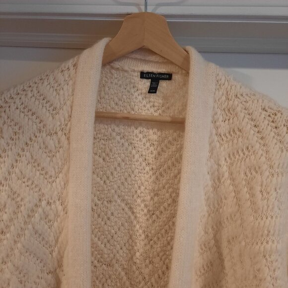 Eileen Fisher Cardigan Sweater Medium Ivory Baby Alpaca Chunky Knit Longline - Picture 3 of 9